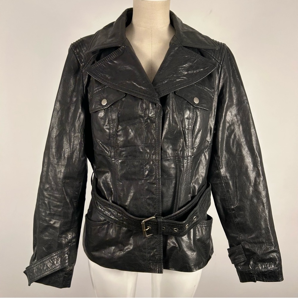 🚀 Vintage 90s PELLE STUDIO Black Leather Belted Trench Woman’s Jacket - XL